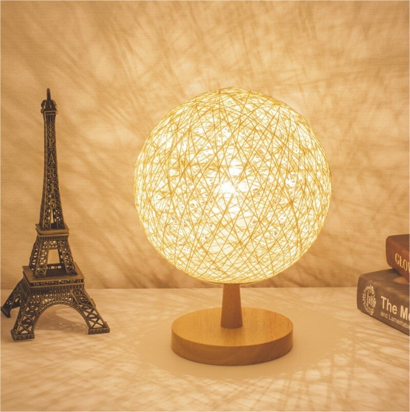 Bedside Lamp Rattan Wooden Base