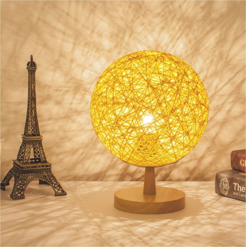 Bedside Lamp Rattan Wooden Base