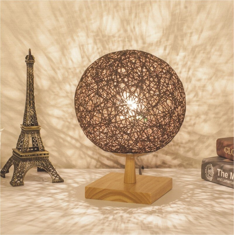 Bedside Lamp Rattan Wooden Base