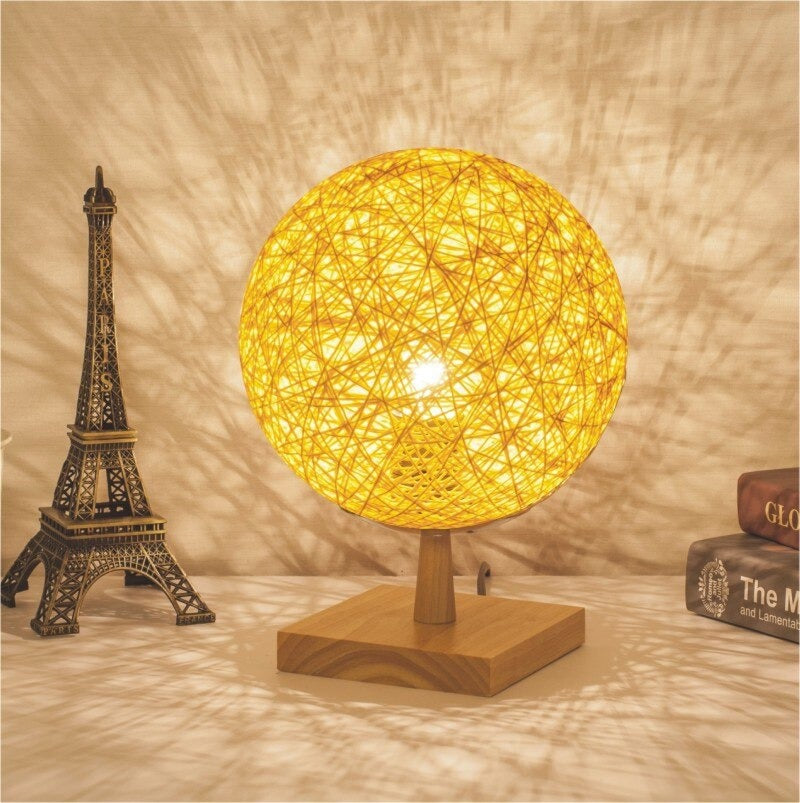 Bedside Lamp Rattan Wooden Base