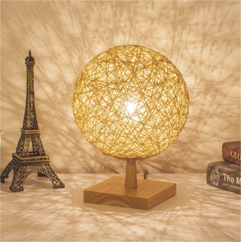 Bedside Lamp Rattan Wooden Base
